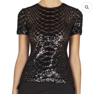NWT BCBGMaxAzria “Larson” Black Sequin Snake Skin Short Sleeve Top